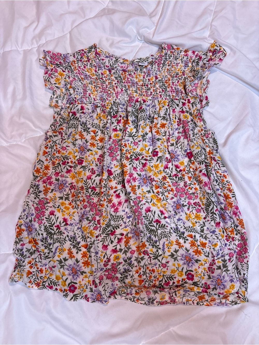 Old Navy White Floral Smocked Top - Pink, Purple & Yellow size medium